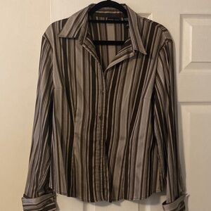 New York & Company Brown and Cream Striped Dress Shirt